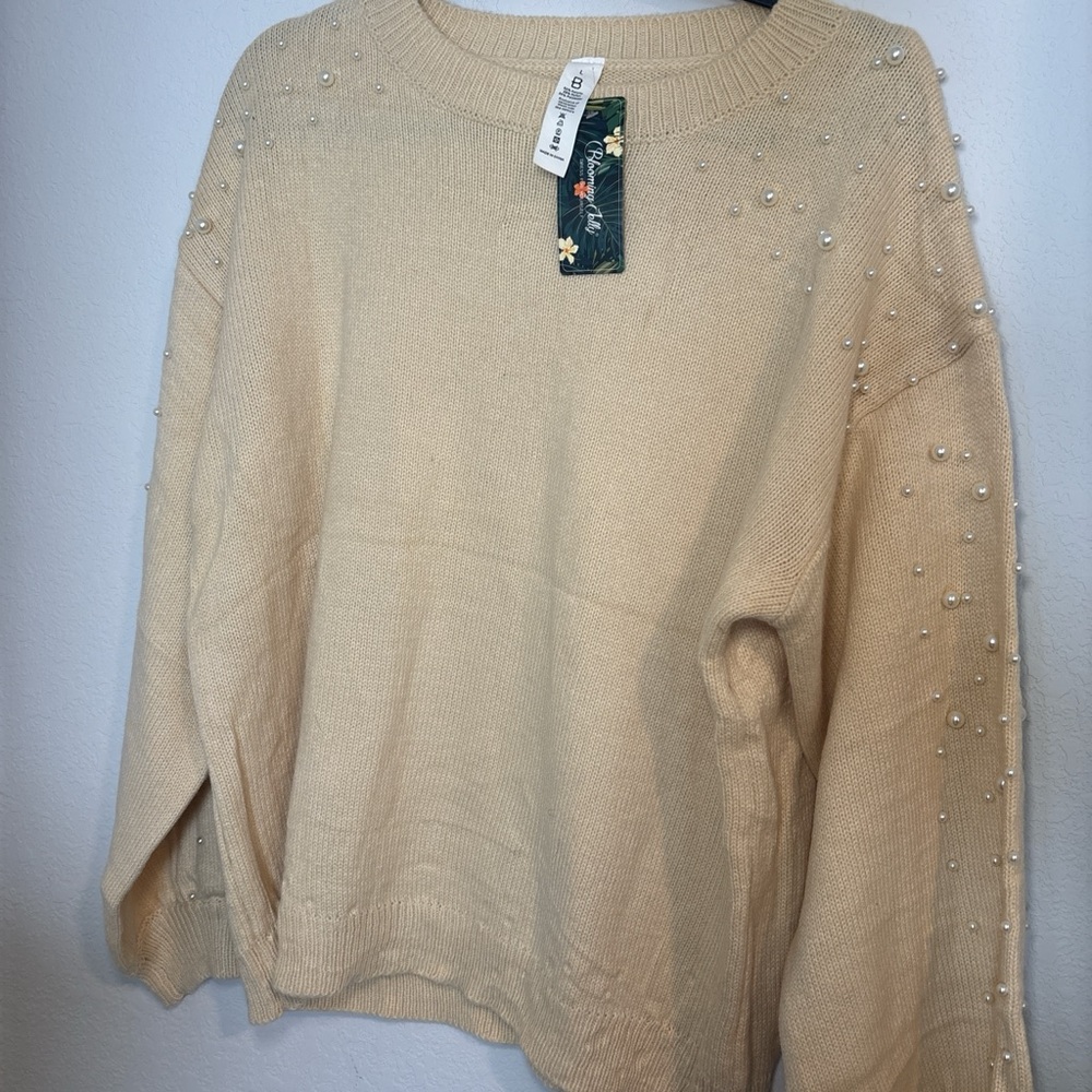 Women's Cream Sweater with Pearl Accents